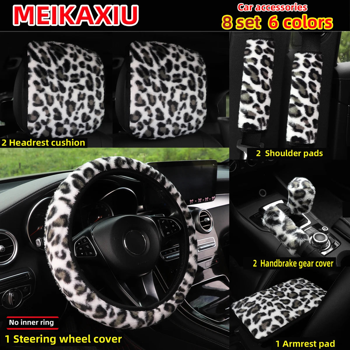 8 Set leopard print plush car rimless steering wheel cover, gear shift cover, shoulder close-up view