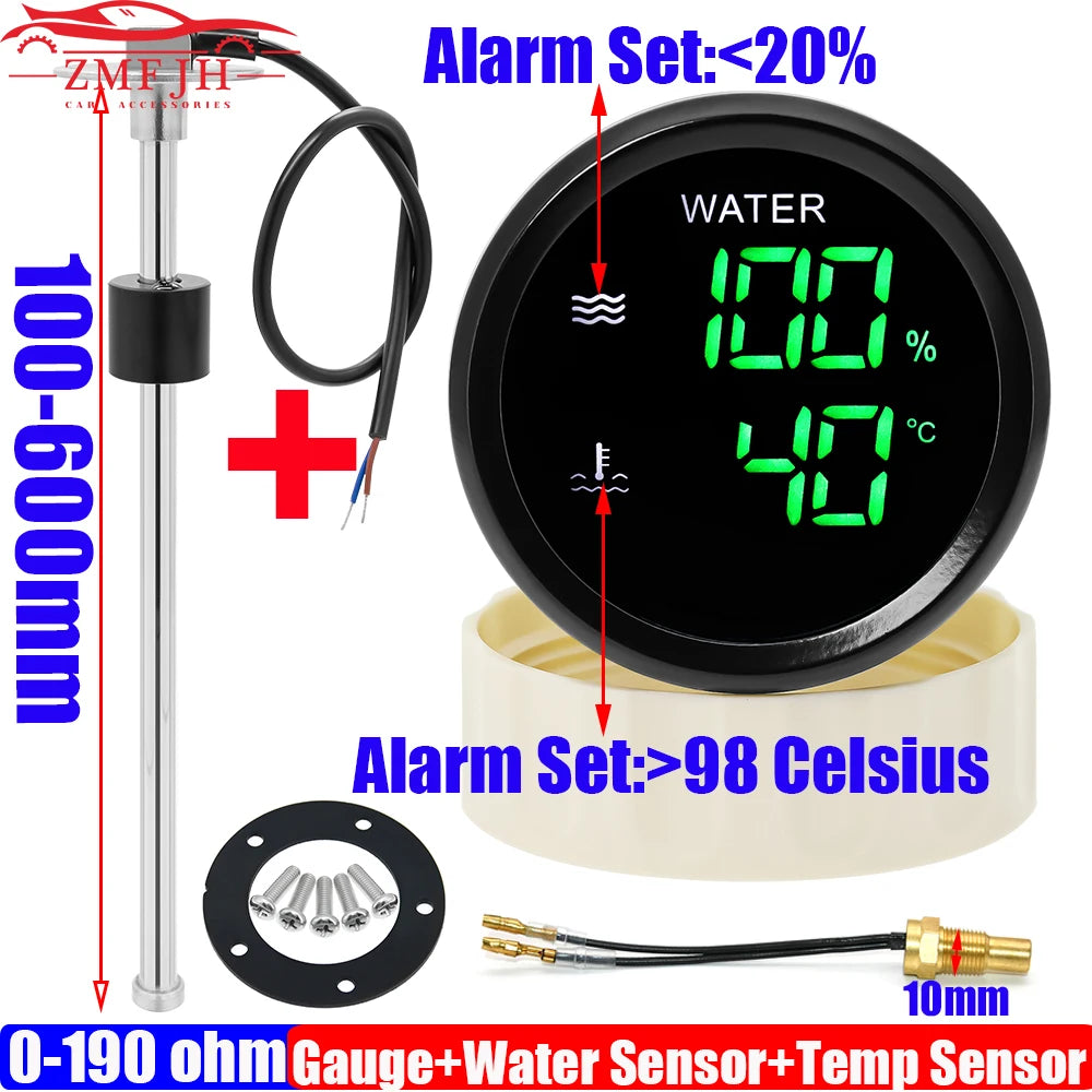 Digital 2-in-1 52mm Dual Gauge with Alarm | Water Level and Temperature Monitor for 12V 24V Vehicles
