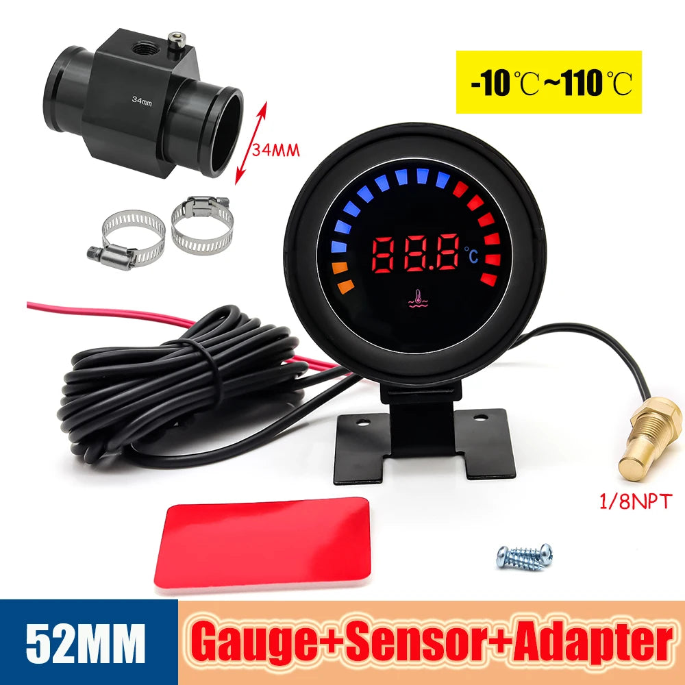 52mm Auto Water Temperature Meter | Universal LCD Digital Thermometer with Sensor and close-up view