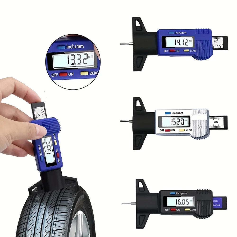 Digital Car Tyre Thickness Gauges Depth Meter For Safe Auto Tyre Tread Monitoring Tyre close-up view