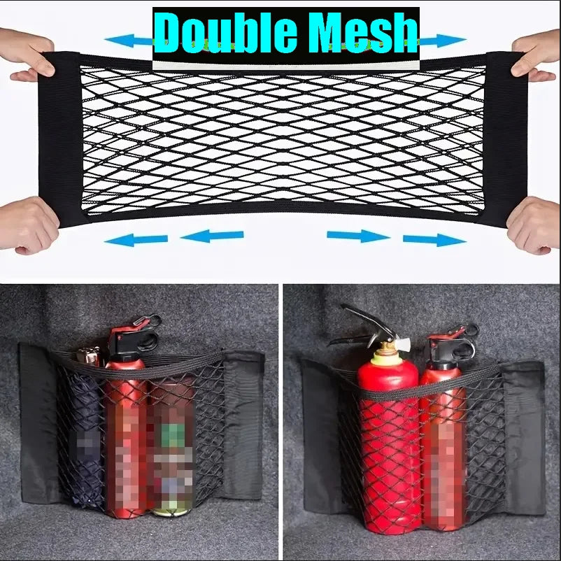 Universal Car Trunk Storage Net – Double Mesh Organizer Bag with Anti-Slip & Fire Extinguisher Holde