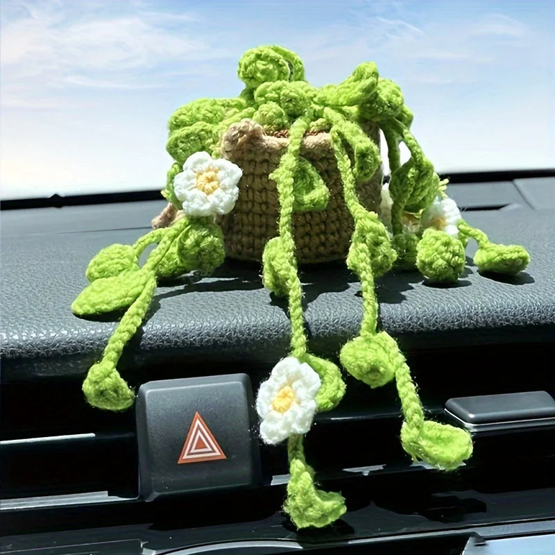 NEW Cute Potted Plants Crochet Car Basket Hanging Plant Crochet for Car Decor Car O additional angle