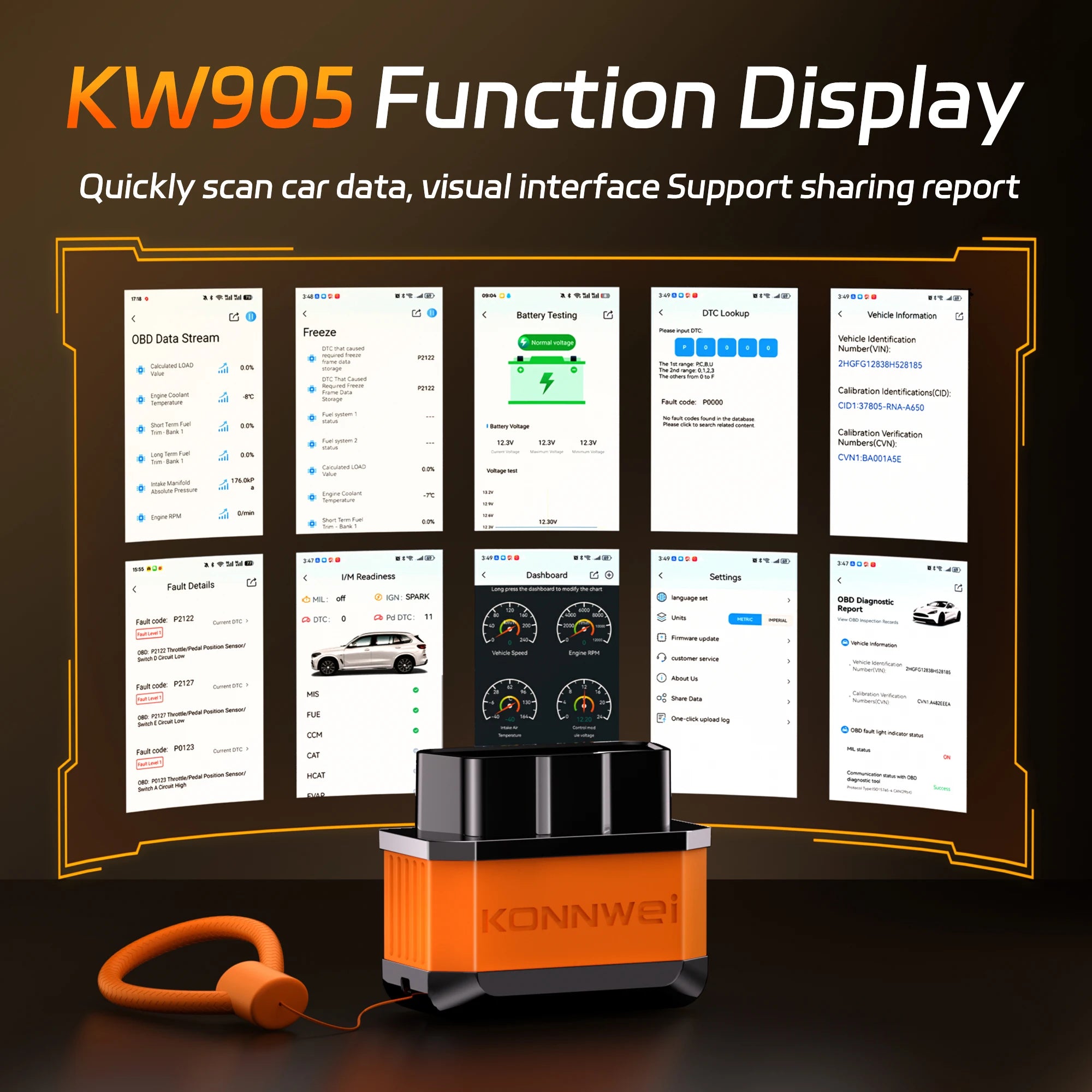 2025 KONNWEI KW905 OBD2 Bluetooth 5.0 ELM327 V1.5 Car Diagnostic Tool Engine Fault Co alternate view