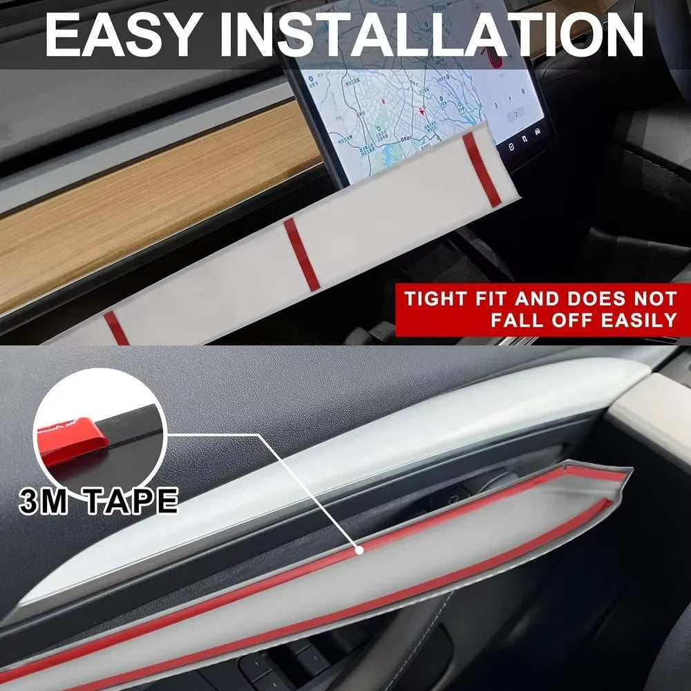 Car Dashboard Cover For Tesla Model 3 Y Door Dash Trim Panel Carbon Fibre ABS Interior close-up view
