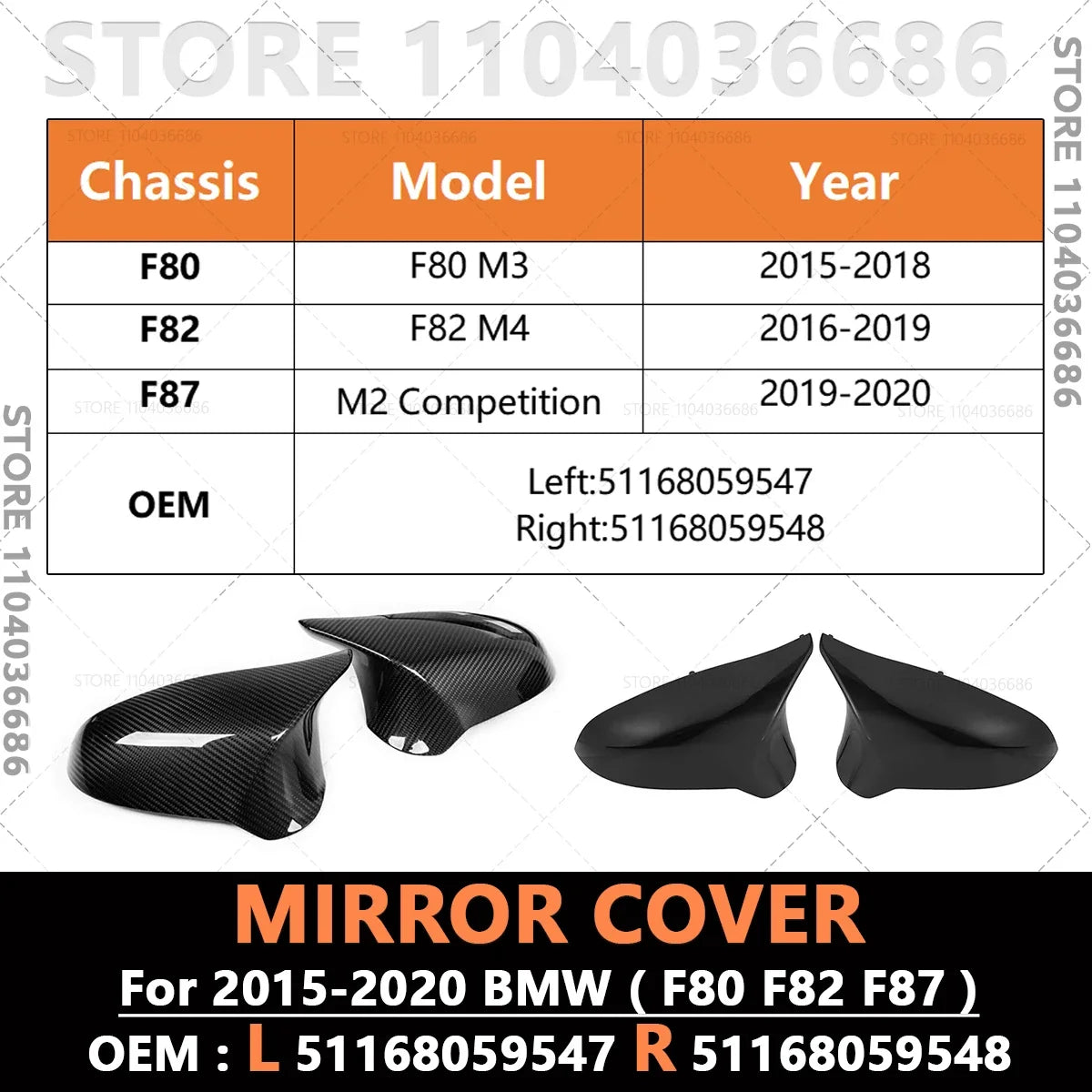 For 2015 2016 2017 2018 2019 2020 F80 F82 F87 BMW M2 M3 M4 A Pairs Side Mirror Cover Caps Carbon Fiber or Gloss Black