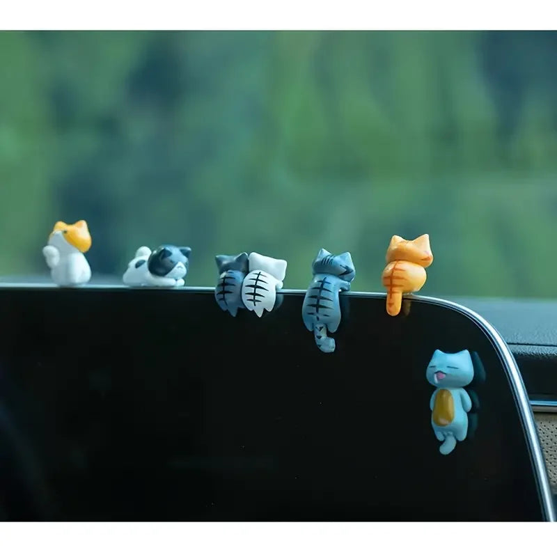 6pcs PVC Cartoon Cat Figurines for Car Dashboard, Plant Pots, and Screen Edge Decor