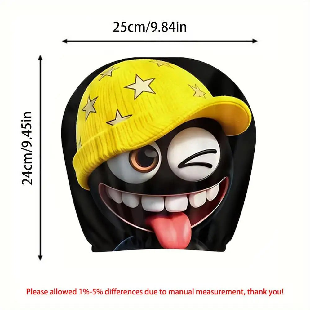2Pcs Cute Black Coal Ball Car Headrest Covers, Yellow Star Beanie Winking Tongue Out, lifestyle view