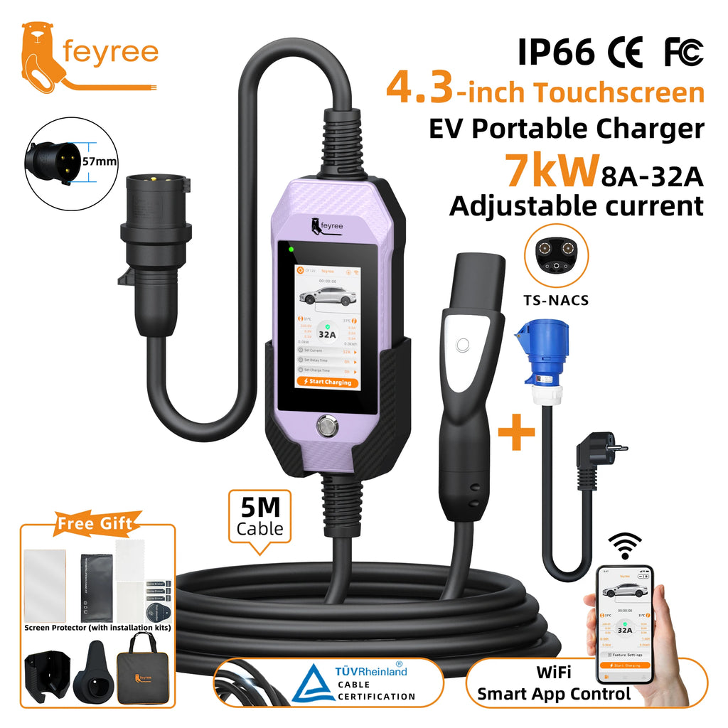 feyree 4.3 Inch Touch Screen Portable EV Charger | 7kW 32A Smart WiFi for Tesla detail view