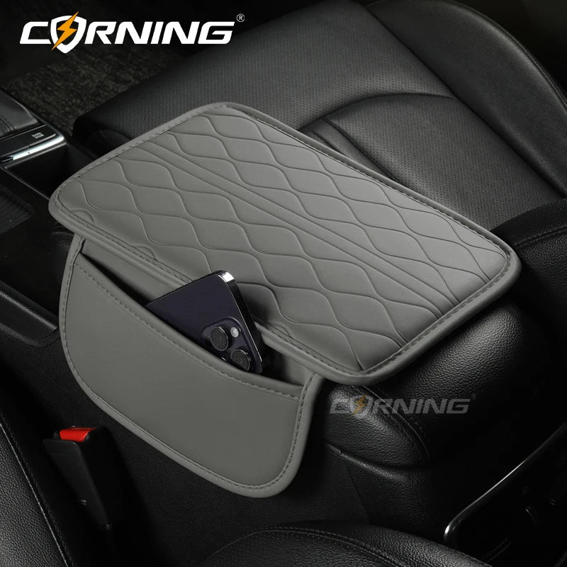 Universal Car Armrest Pad - PU Leather Memory Sponge Armrest Cushion Vehicle Center Console Cover Protector With Side Pocket