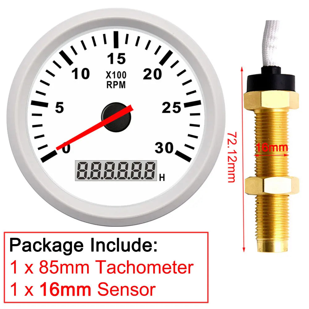3000RPM Tachometer 85mm with Sensor | Diesel Engine Marine Boat Car RPM Gauge Hour Meter detail view