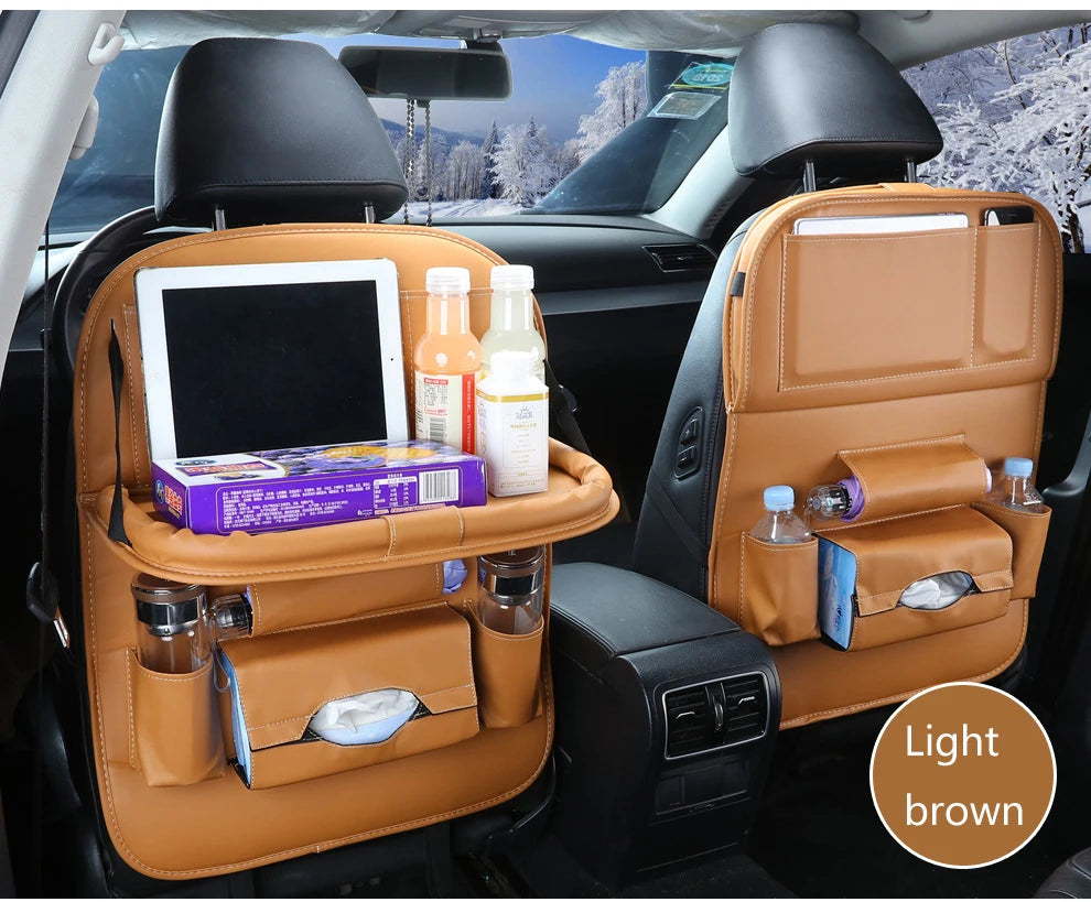 PU Leather Car Seat Back Organizer with Foldable Table