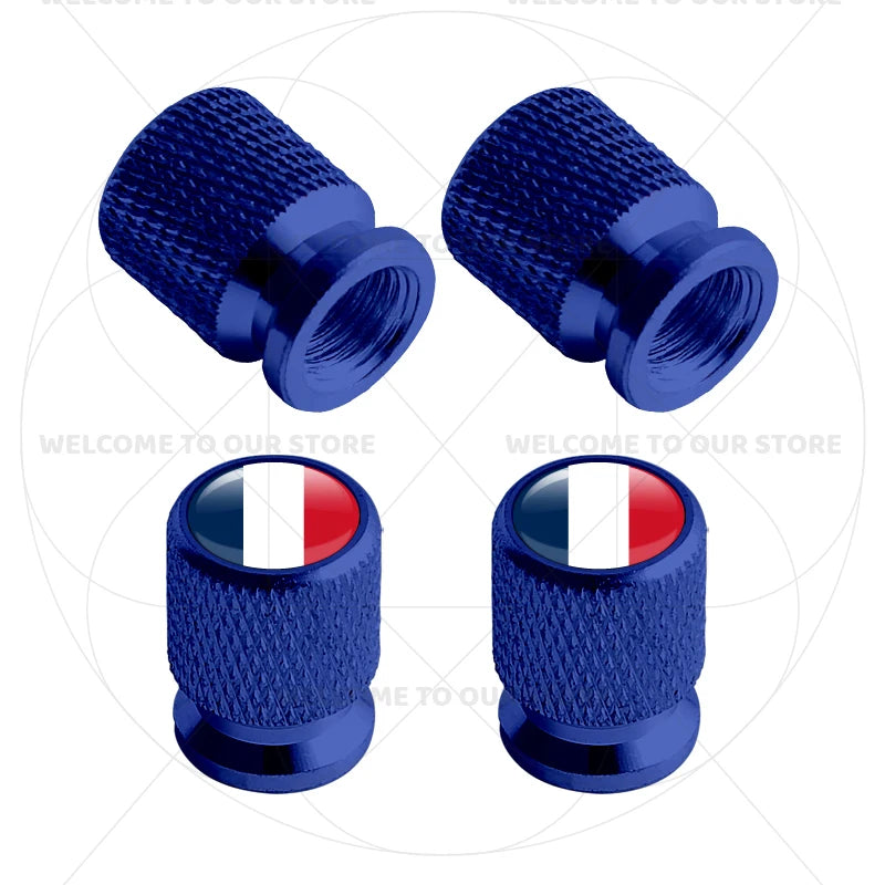4Pcs Aluminum Motorcycle Car Tire Valve Caps with Germany France Italy Flag Emblems | Un detail view