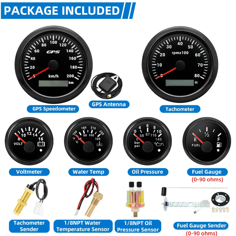 85mm GPS Speedometer 6 Gauge Set with Sensors | 200kmh 8000rpm Tachometer Voltmeter