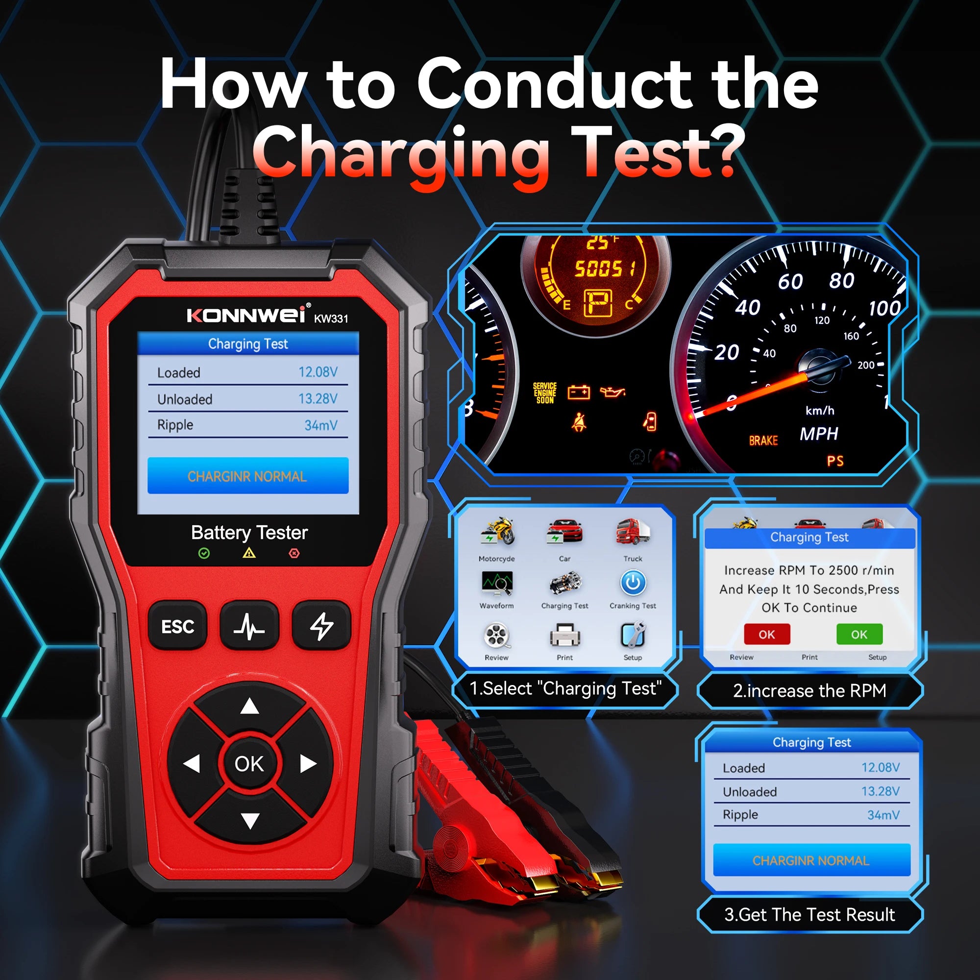 2026 KONNWEI KW331 Professional Car Battery Tester 6V 12V 24V AMG/EFB/GEL Battery Cran close-up view