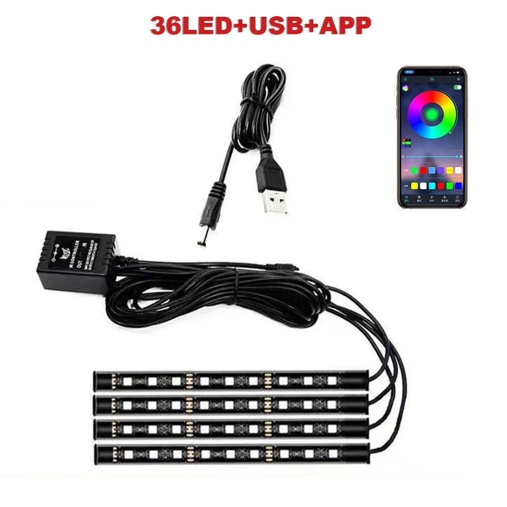 72/48/36 LED RGB Car Foot Ambient Light with USB Cigarette Automotive Interior Lights lifestyle view