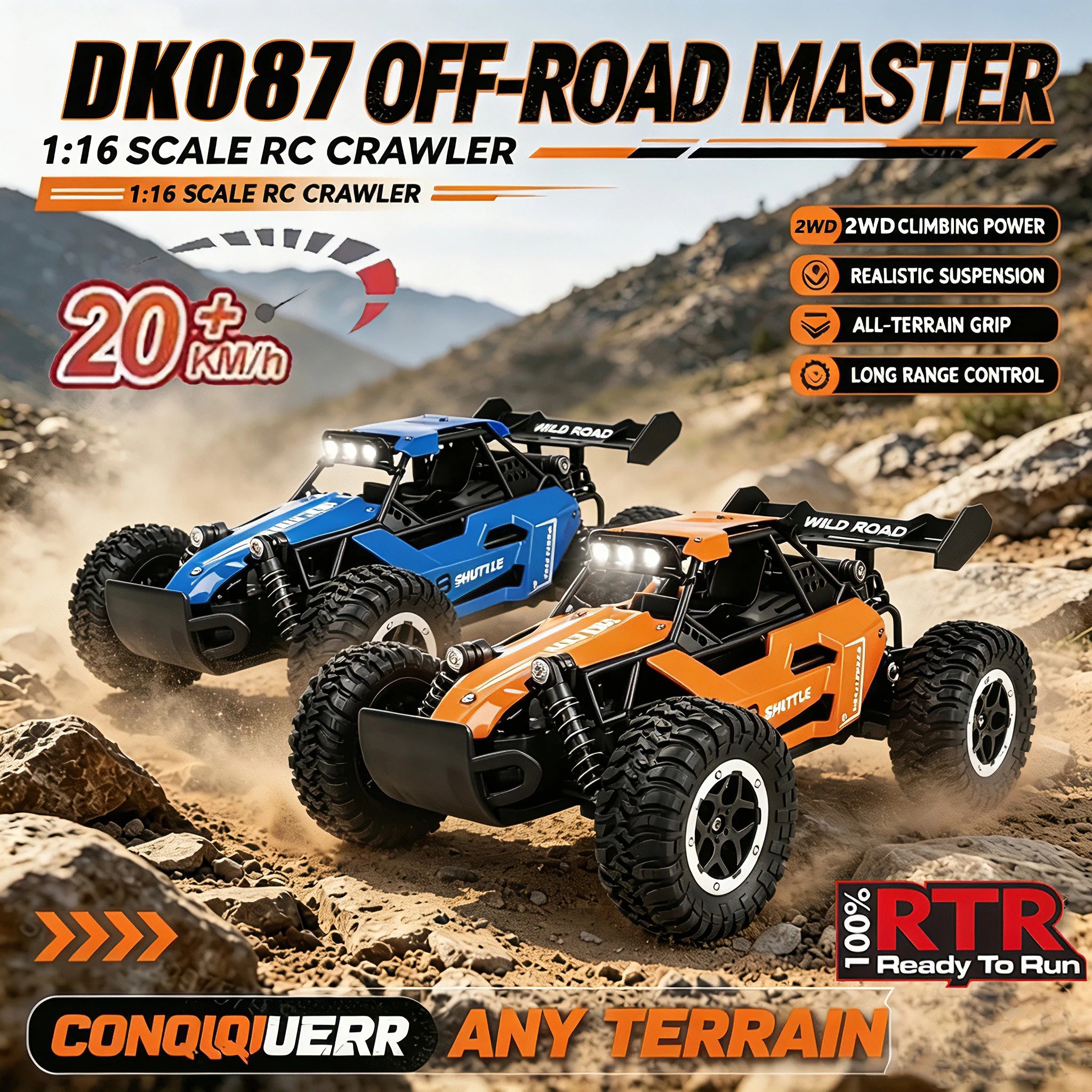 1:16 Scale Remote Control Monster Truck High Speeds 20KMH Off-Road RC Car with LED Lights for Adults