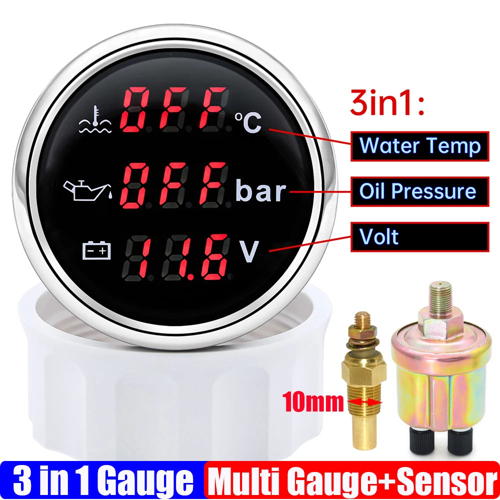 3 In 1 Digital 52mm Gauge with Alarm | Water Temperature, Oil Pressure, and Voltage additional angle