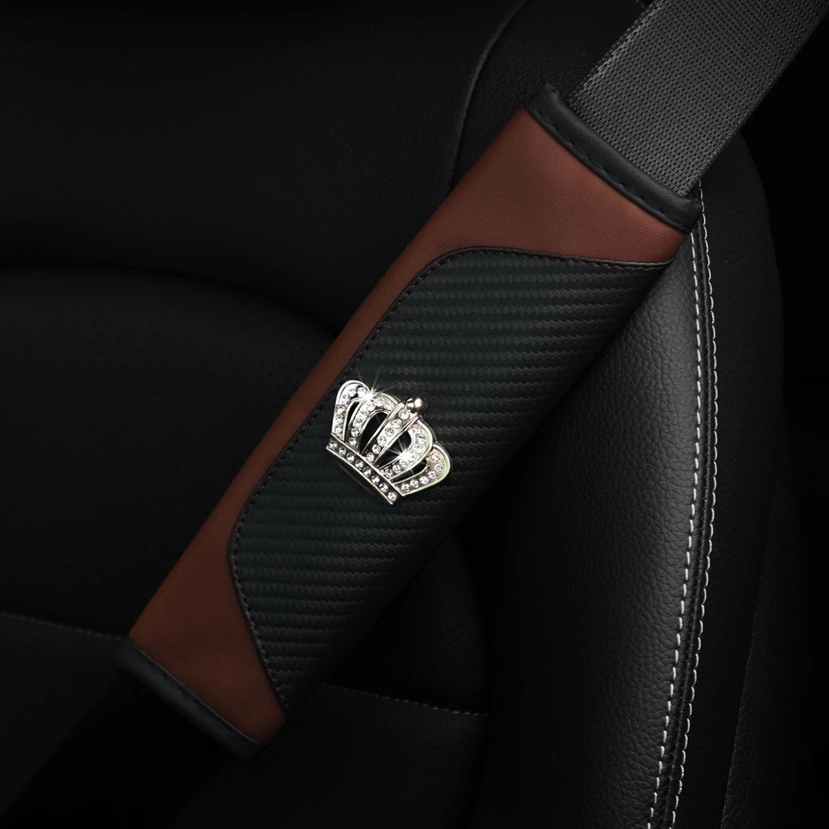 Diamond-Encrusted PU Carbon Fiber Leather Crown Car Shoulder Guard Safety Belt Decora alternate view