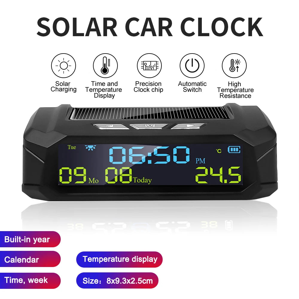 Solar Car Digital Clock with LCD Time Date and Temperature Display | TPMS Look Auto Interior Accesso