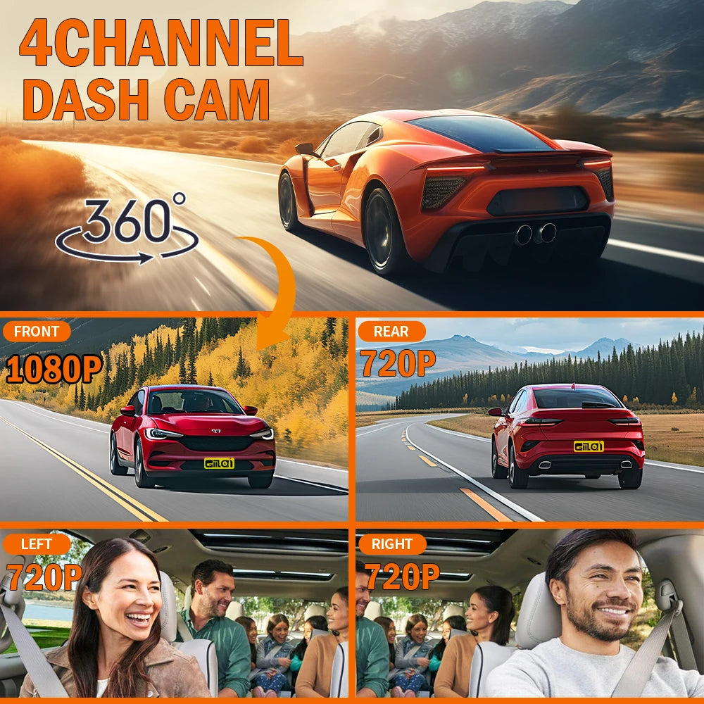 Dashcam for Cars 4 Channel Black Box WiFi Driving Camera FHD 1080P Night Vision Loop alternate view