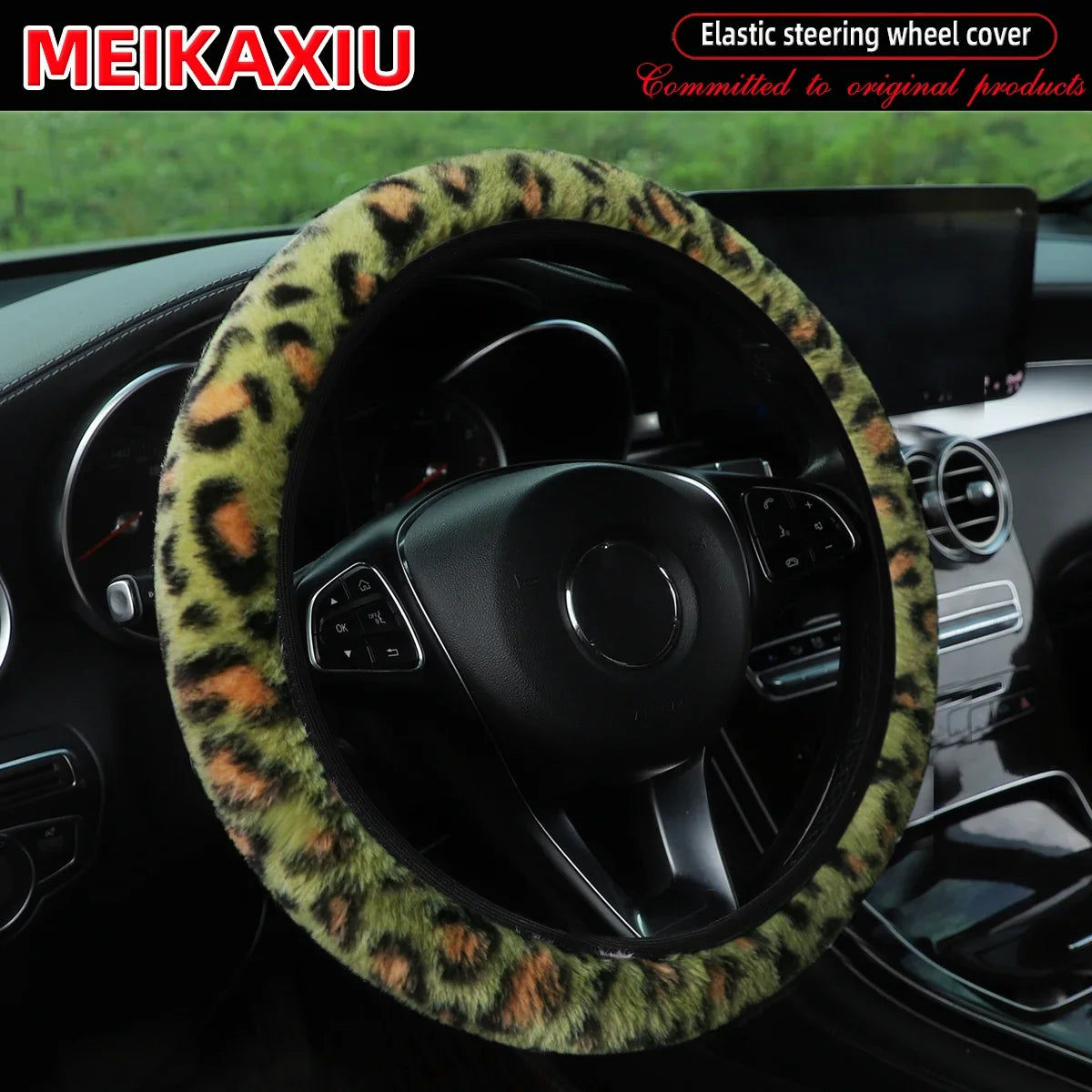 Leopard Print Winter Steering Wheel Cover Soft Comfortable 14.5-15 Inch Rimless Car additional angle