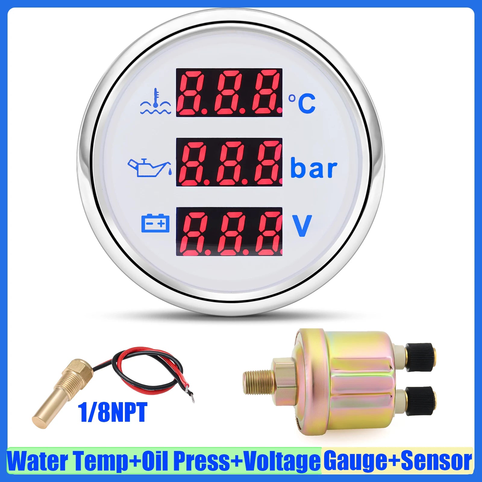 3 In 1 Digital Gauge Water Temperature Bar Oil Pressure Gauge With Alarm Voltmeter | Red detail view