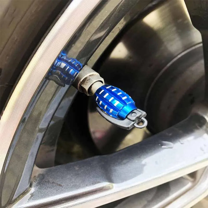 4pcs Aluminum Grenade Tire Valve Caps | Dust Proof Car Tire Stem Covers lifestyle view