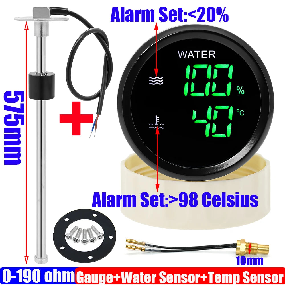 Digital 2-in-1 52mm Dual Gauge with Alarm | Water Level and Temperature Monitor for 12V detail view