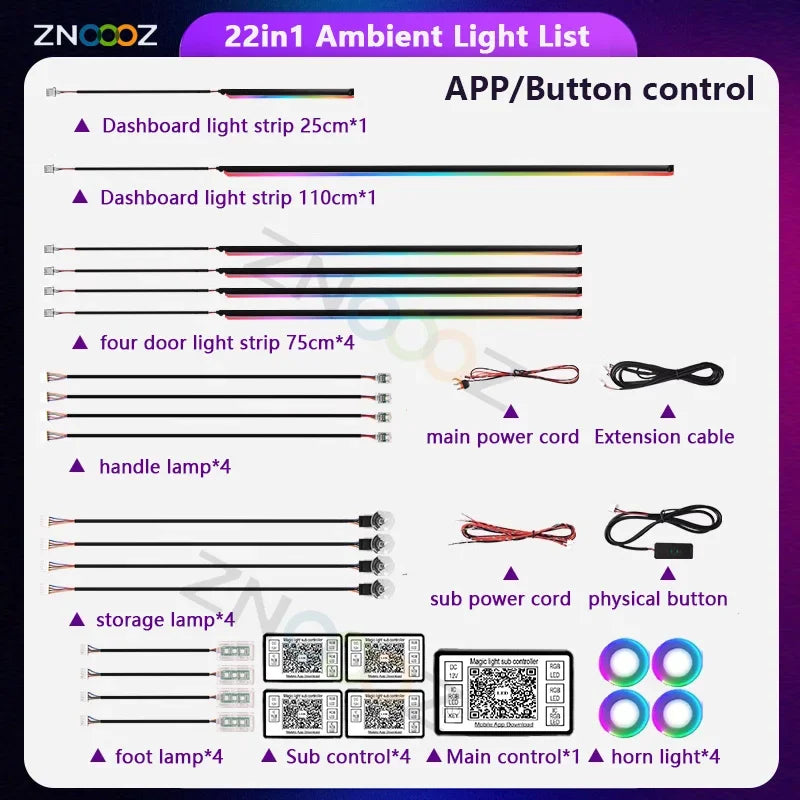 Car Interior RGB Ambient Light Kit – Bluetooth App Control, Music Sync, 6-in-1 to 22-in- detail view