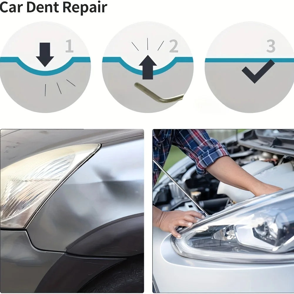 Auto Dent Repair Tool Kit for Shallow Car Body Dent Repair With T-Handle Rod, Rubber Mallet, Repair Tips And Wedge Tools For Garage And DIY Vehicle Maintenance