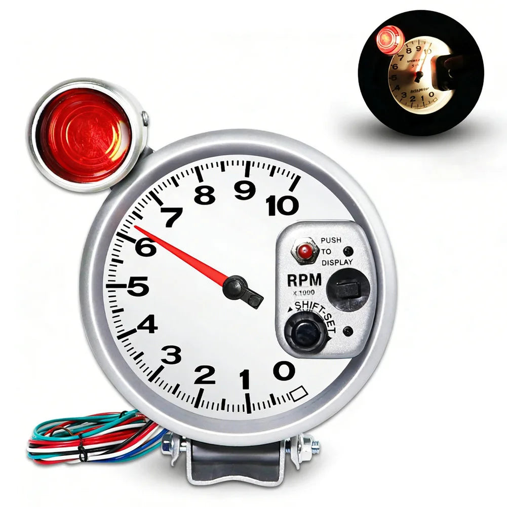5 Inch LED Tachometer 10000RPM 127mm Black White Display | 12V Car Dashboard Gauge for Vehicle Engin