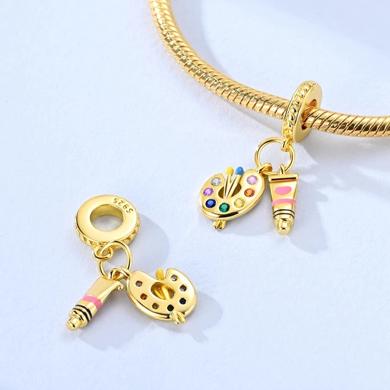 925 Sterling Silver Gold Plated Charms Bead Plane Bow Cross Cat Dangle Fit Original additional angle