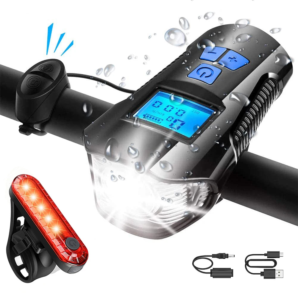 Bike Light Set,Bicycle Headlight with Horn and Speedometer Odometer,USB Rechargeable Bike Front Ligh
