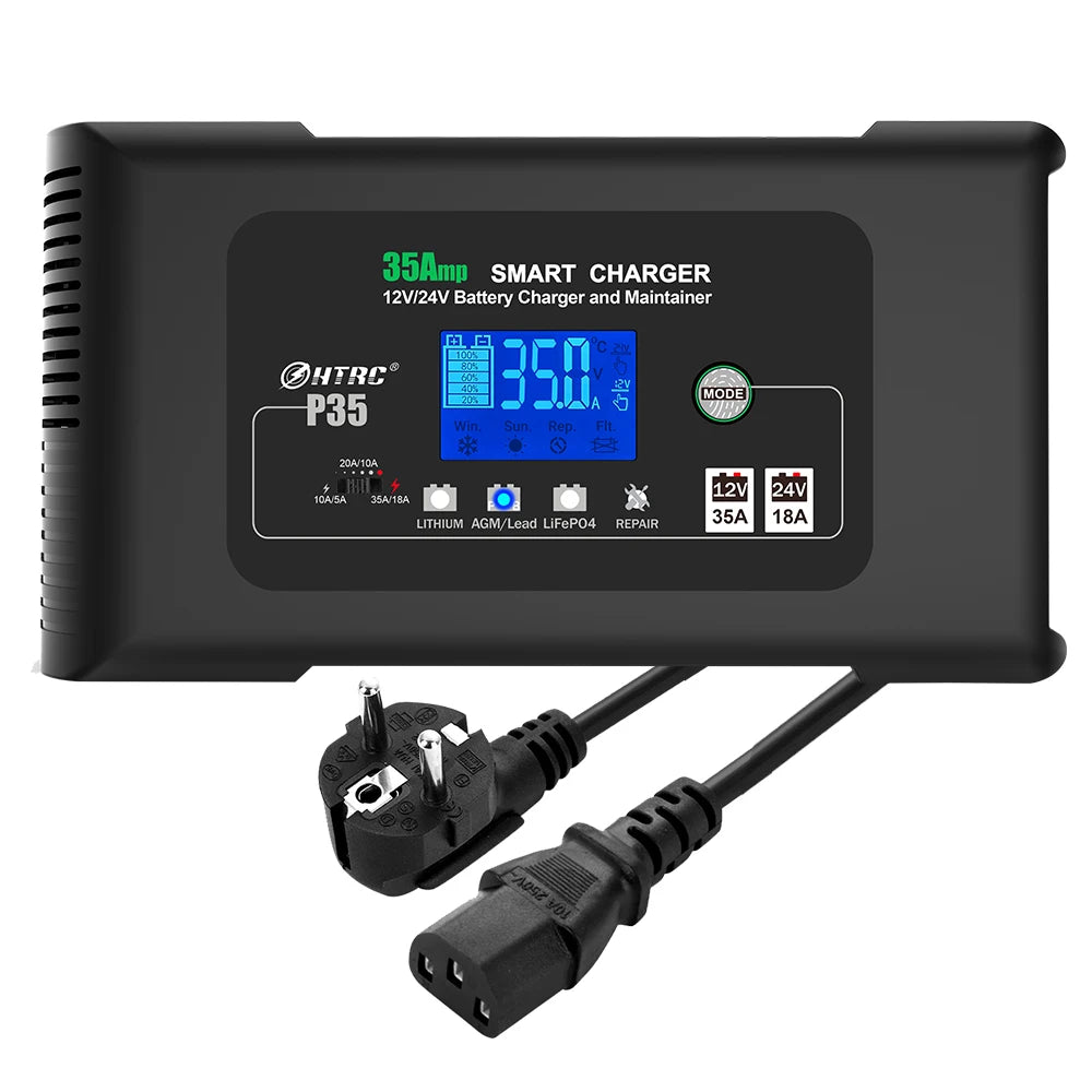 HTRC Large Power 35A 12V 24V Car Battery Charger for Auto Moto Truck Motorcycle AGM Lead Acid PB GEL LCD Display Smart Charging