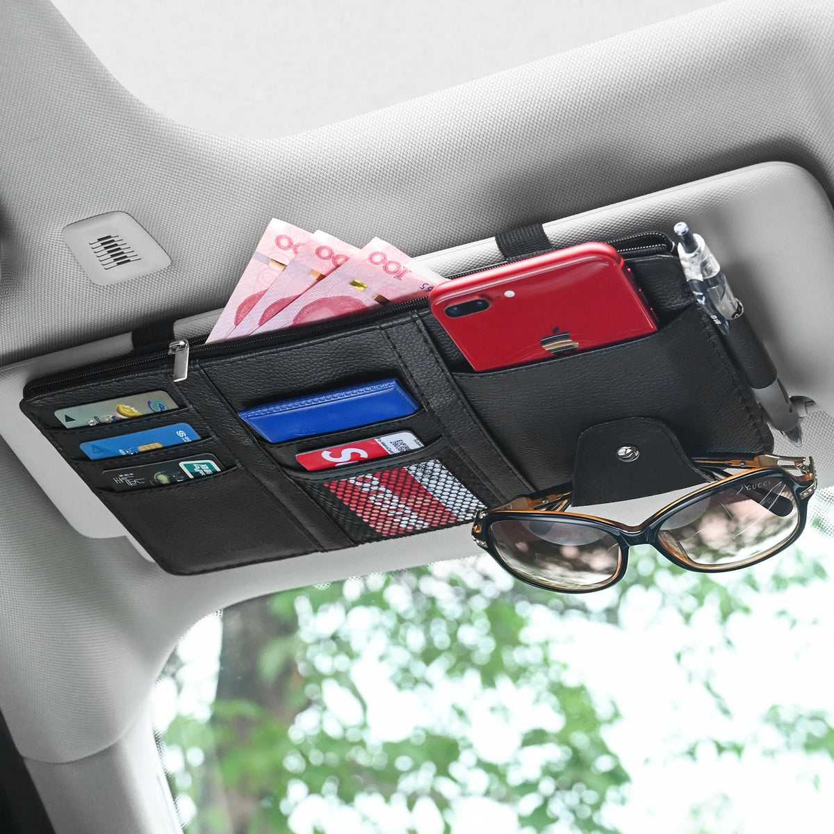 JFBONIN Car Sun Visor Organizer Storage Box with Sunglasses Clip Business Card Holder alternate view