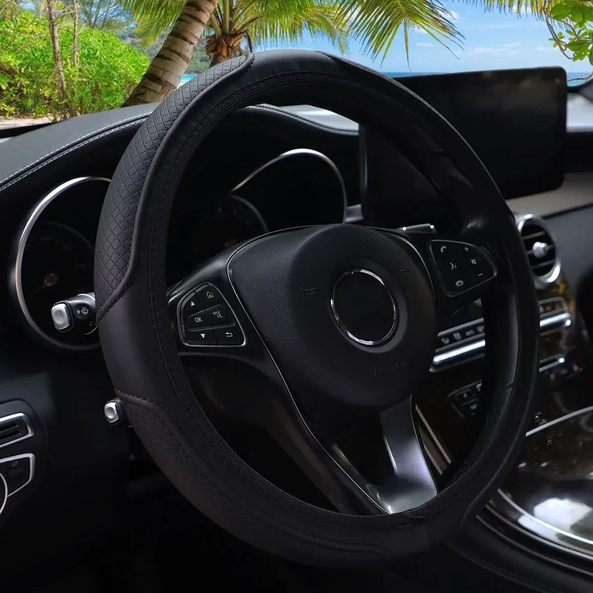 Leather Steering Wheel Cover for 14.5-15 Inch Wheels