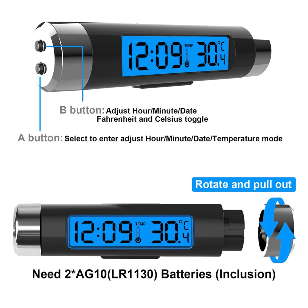 Car Digital LCD Clock and Temperature Display with Blue Backlight | Car Dashboard Thermometer