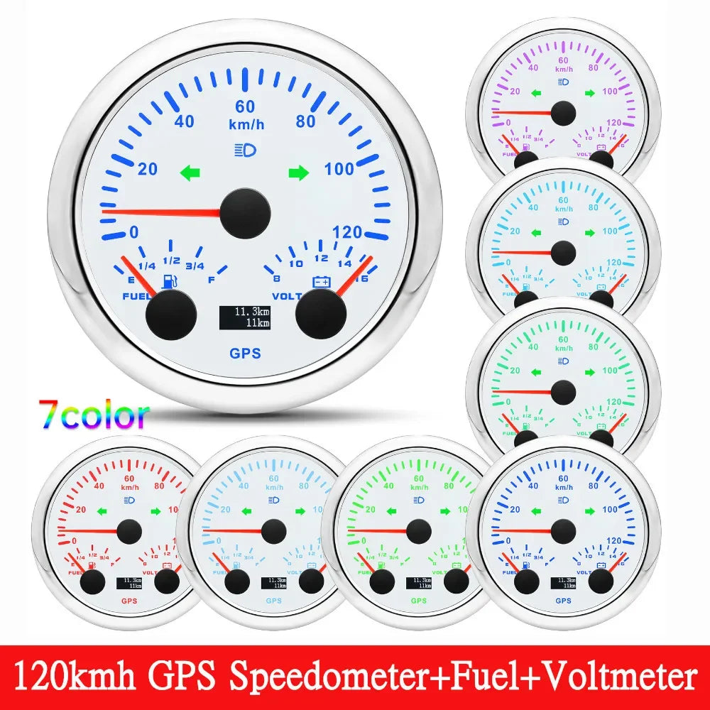 HD Customized 85MM 3 IN 1 Gauge 120kmh 120MPH GPS Speedometer Fuel Gauge Voltage Voltmeter Tachometer RPM Sesnor With Antenna