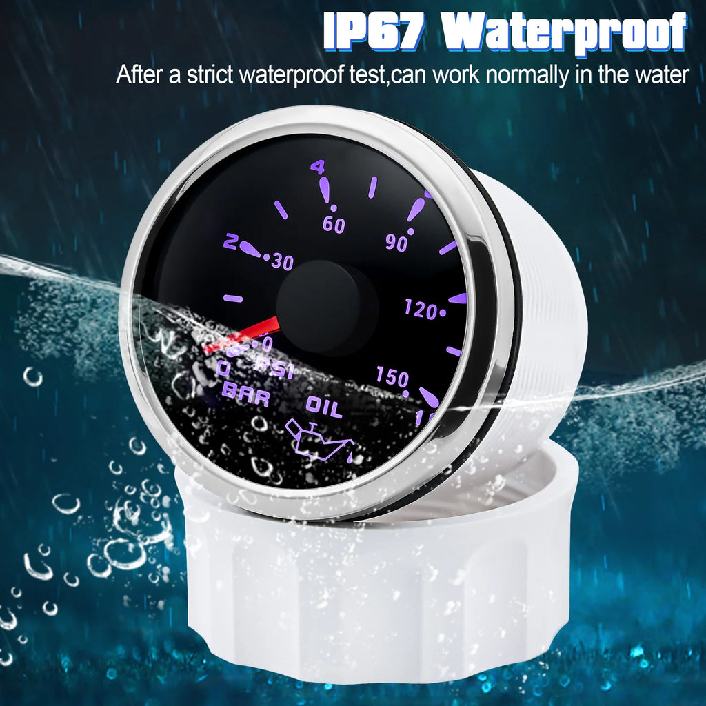 HD 2" 52m Oil Pressure Gauge Meter 0-10Bar 0~150PSI With 7 Colors LED Backlight 1/8NPT Oil Press Sensor For Boat Car Truck 9-32V
