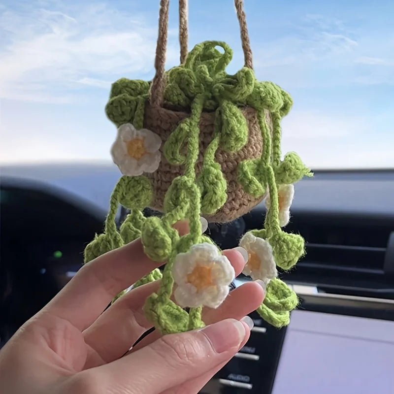 NEW Cute Potted Plants Crochet Car Basket Hanging Plant Crochet for Car Decor Car Orname detail view