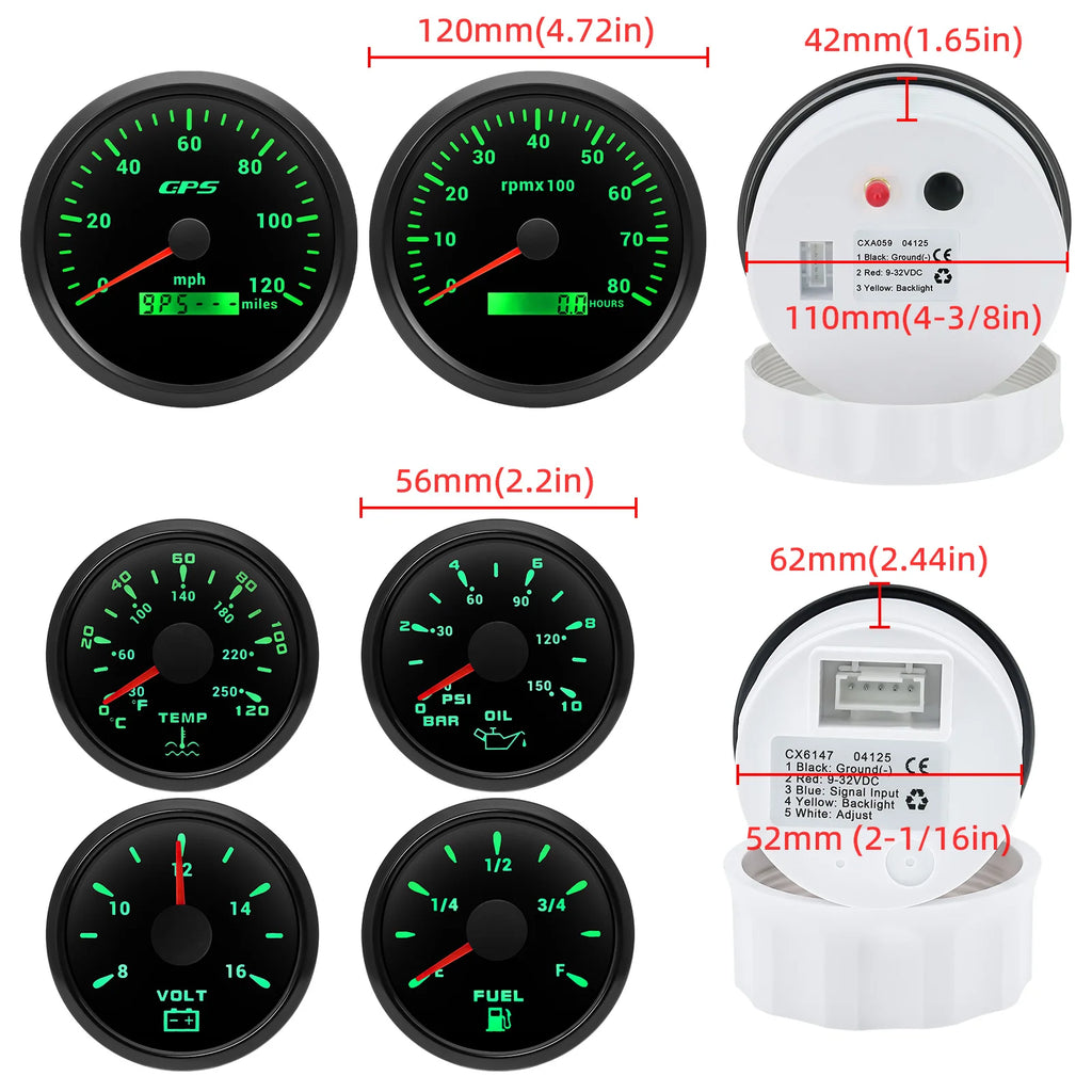 110mm Gauge+52mm Gauges 6 Gauge Set With Sensors 120MPH GPS Speedometer 8000rpm Tachometer Voltmeter Temp Press Fuel 240-33ohm