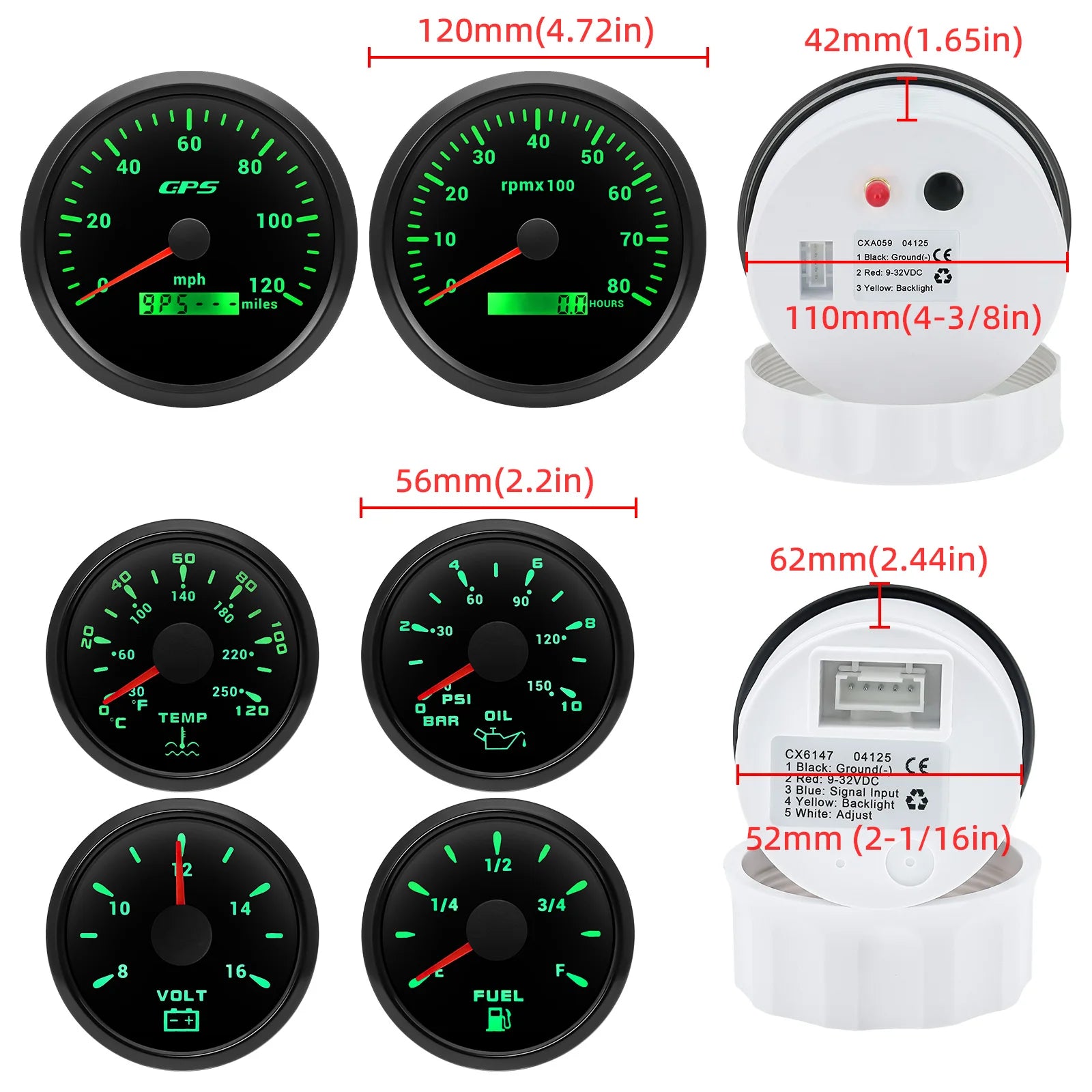 6 Gauge Set with GPS Speedometer, Tachometer, Voltmeter, and Sensors | 110mm and 52mm alternate view