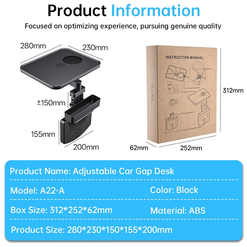New Adjustable Car Seat Gap Mount Table Firm Stable Clamp Design 360 Rotation Height Adj detail view