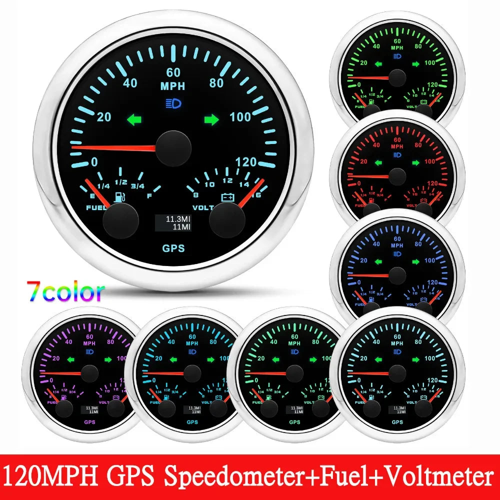 HD Customized 85MM 3 IN 1 Gauge 120kmh 120MPH GPS Speedometer Fuel Gauge Voltage Voltmeter Tachometer RPM Sesnor With Antenna