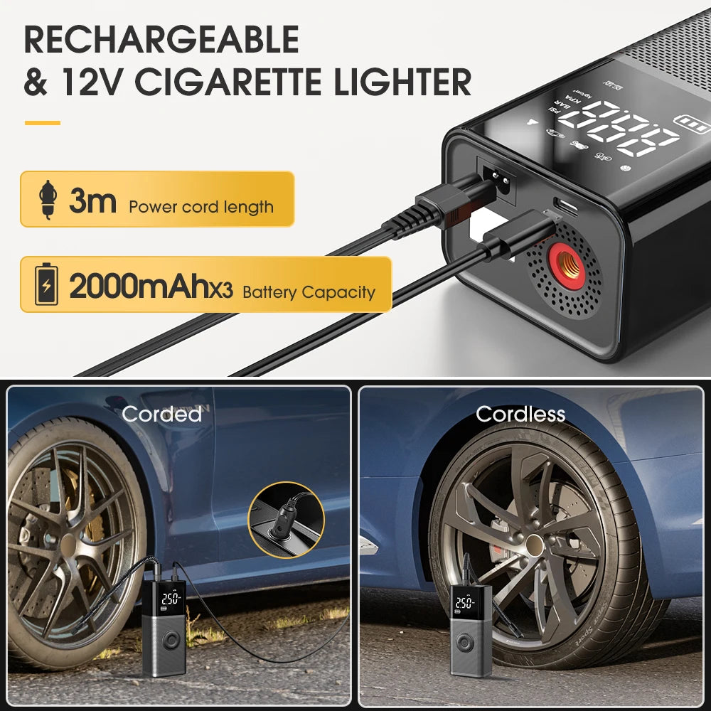 CARSUN Portable Tire Inflator | Wireless Rechargeable Air Pump for Car, Motorcycle, Bi close-up view