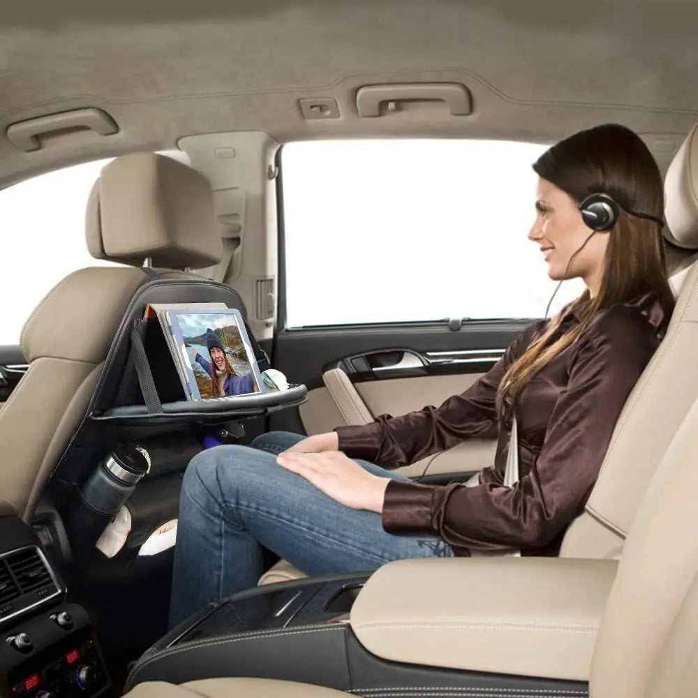PU Leather Car Seat Back Organizer with Foldable Table
