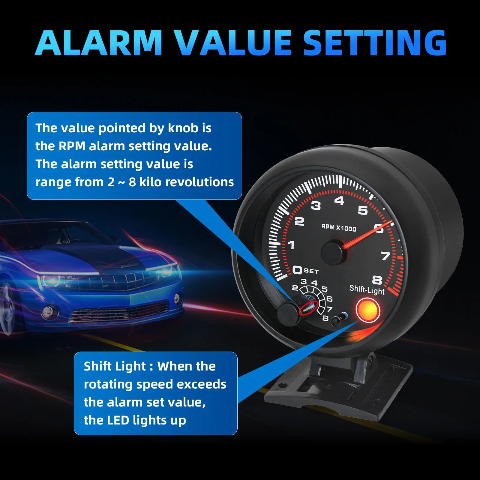 Car Universal Tachometer Gauge 0-8000 RPM Tachometer With Shift light Tacho Gauge For 1-8 Cylinders 12V Racing Car Vehicle