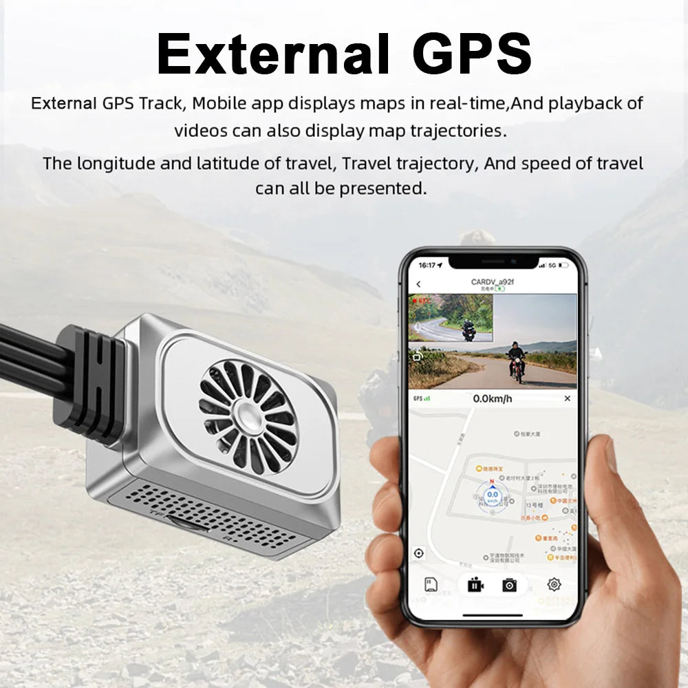 UHD 2K Motorcycle Camera Recorder | WiFi Dual 1440P DVR with 24H Parking Monitor close-up view