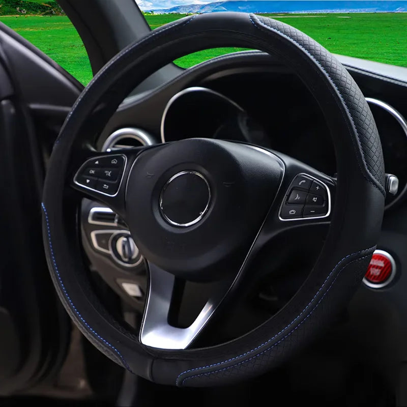 Leather Steering Wheel Cover for 14.5-15 Inch Wheels close-up view