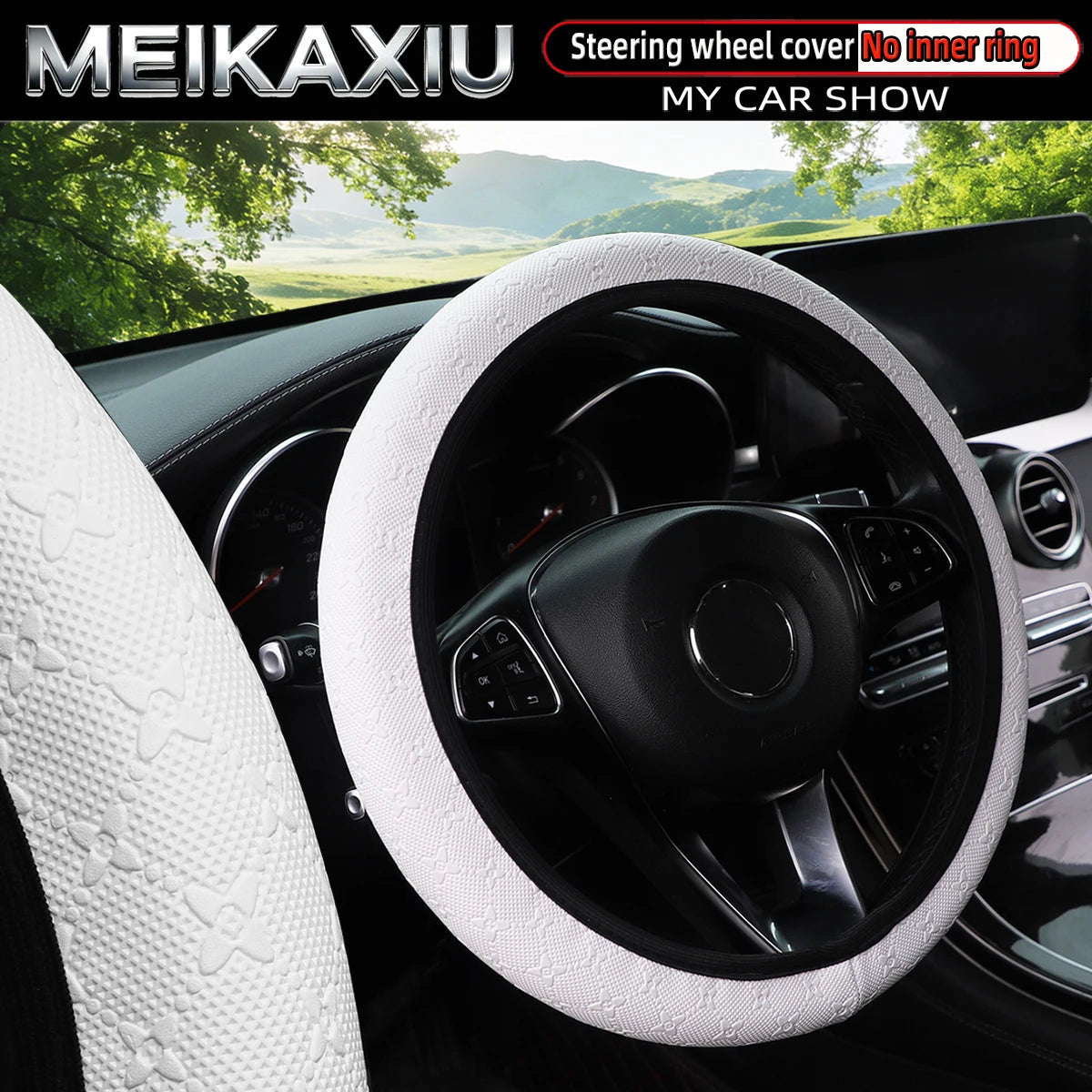 Women's Star-Embossed 3D PU Leather Car Steering Wheel Cover Rimless Auto Accessory Co close-up view